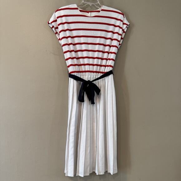 VTG Nautical Dress 10 Red White Candy Stripe Americana Pleated‎ Button Back USA - Picture 1 of 14
